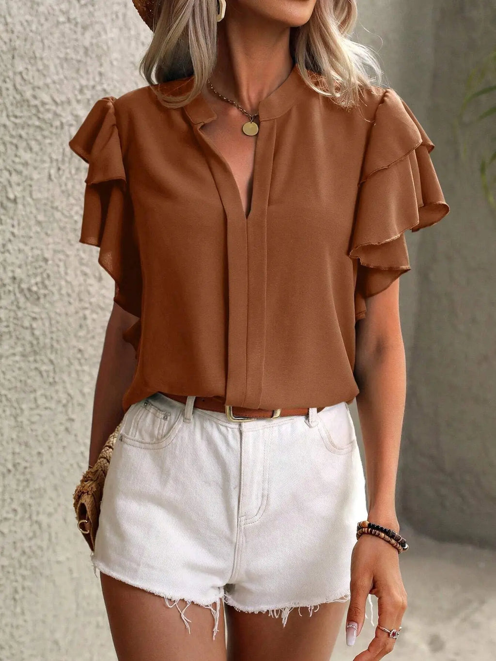 V-neck Ruffle Sleeve Solid Color Blouse