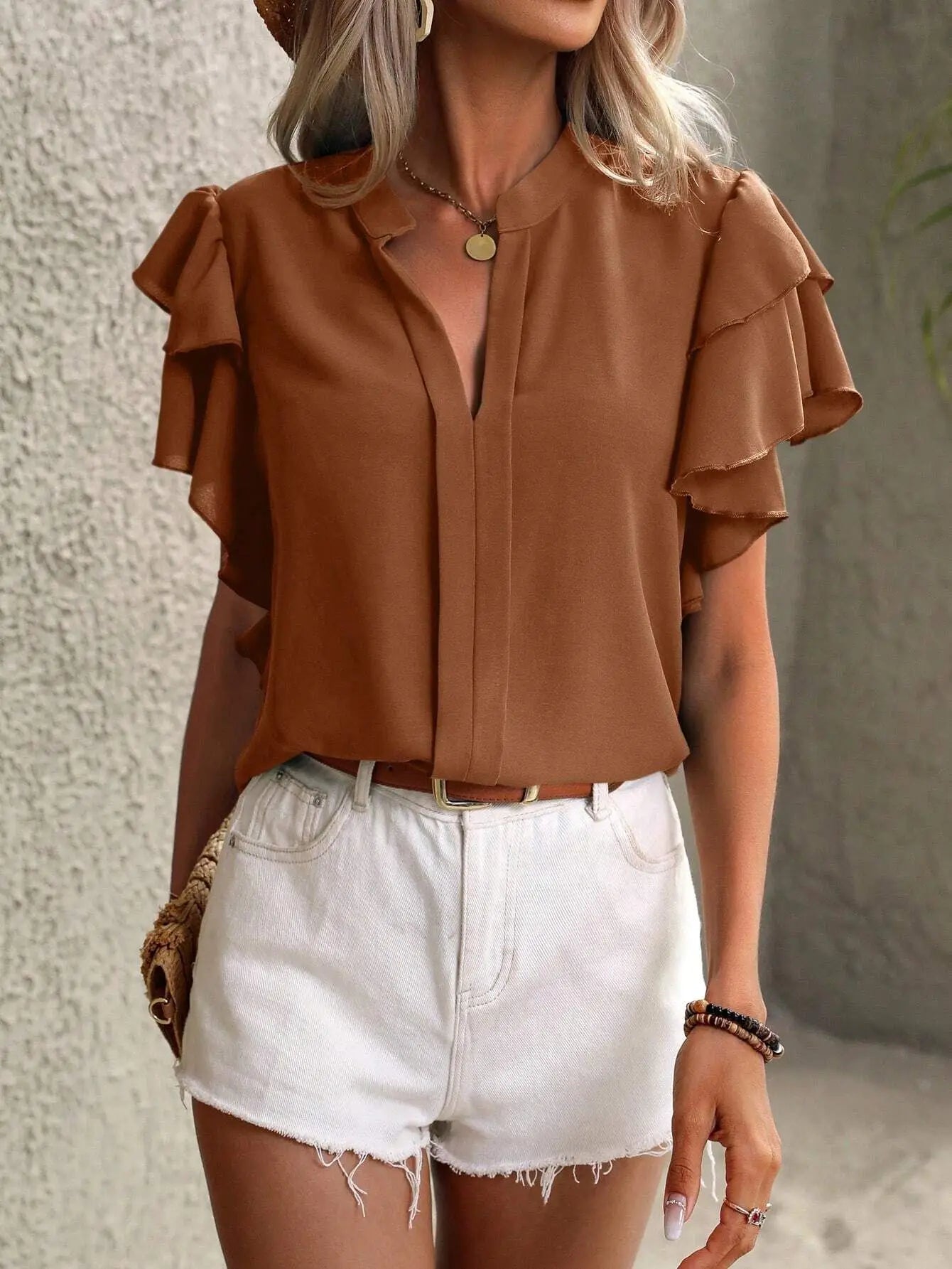 V-neck Ruffle Sleeve Solid Color Blouse