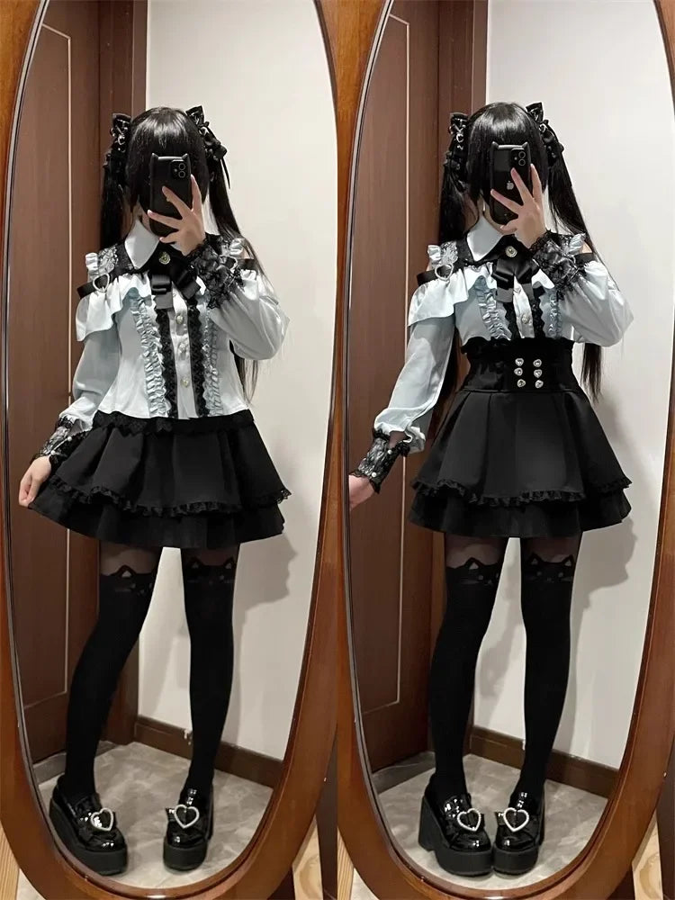Dark Sweet Heart Ground Type Lolita Set, Ruffle Sleeve Top & A-line Skirt, Cute Kawaii Japanese Style Gothic Coord Outfit S-XL Bazaare Mart