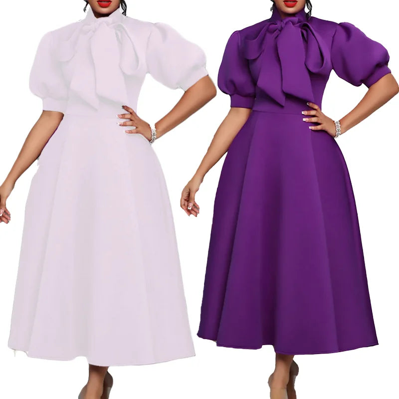 Elegant Solid Color Bow Short Puff Sleeve Full Skirt Midi Dress