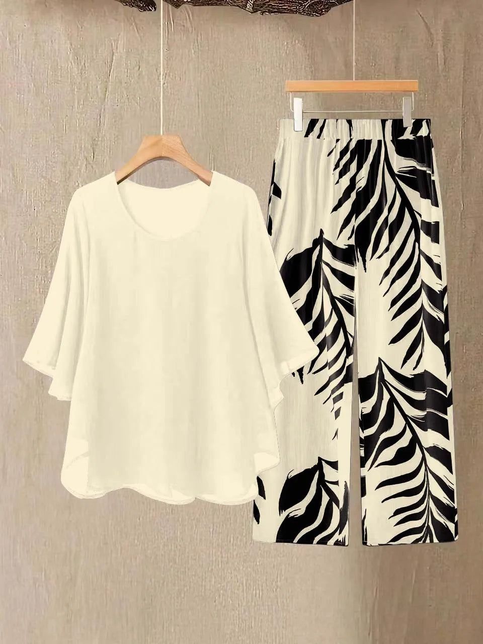Women's Chiffon Overlay Top & Tropical Leaf Print Wide Leg Pants 2 Piece Set | Elegant Summer Resort Outfit Bazaare Mart 2 pc. Pants Outfit