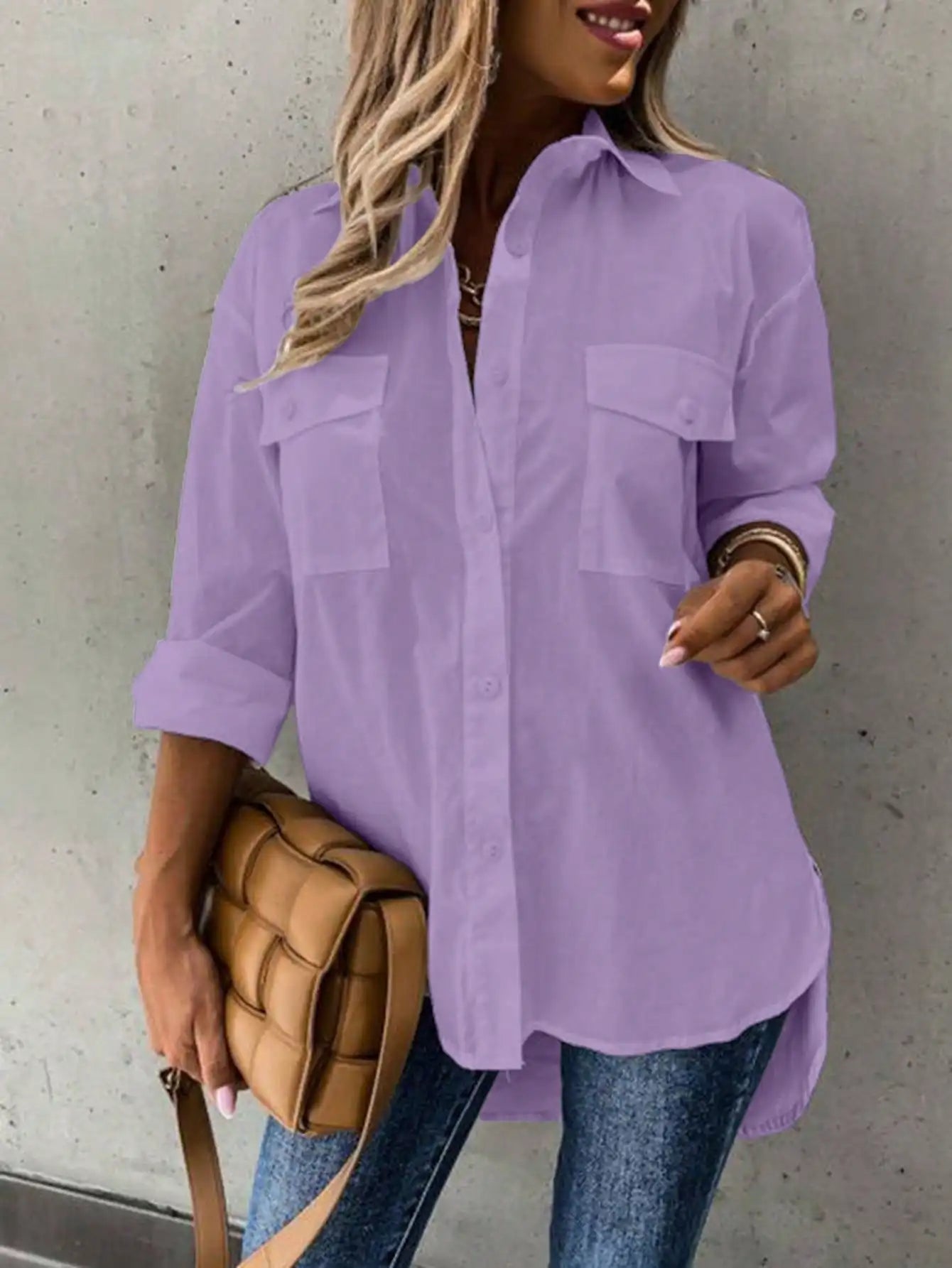 Solid Color Long Rolled Sleeve Button Up Shirt