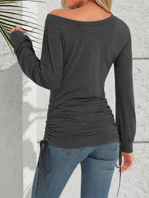Charcoal Boat Neck Ruched Side Drawstring Long Sleeve Top