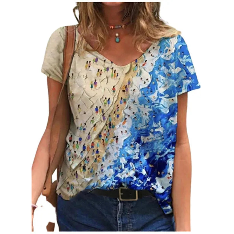 Women's Floral 3D Print V-Neck T-Shirt