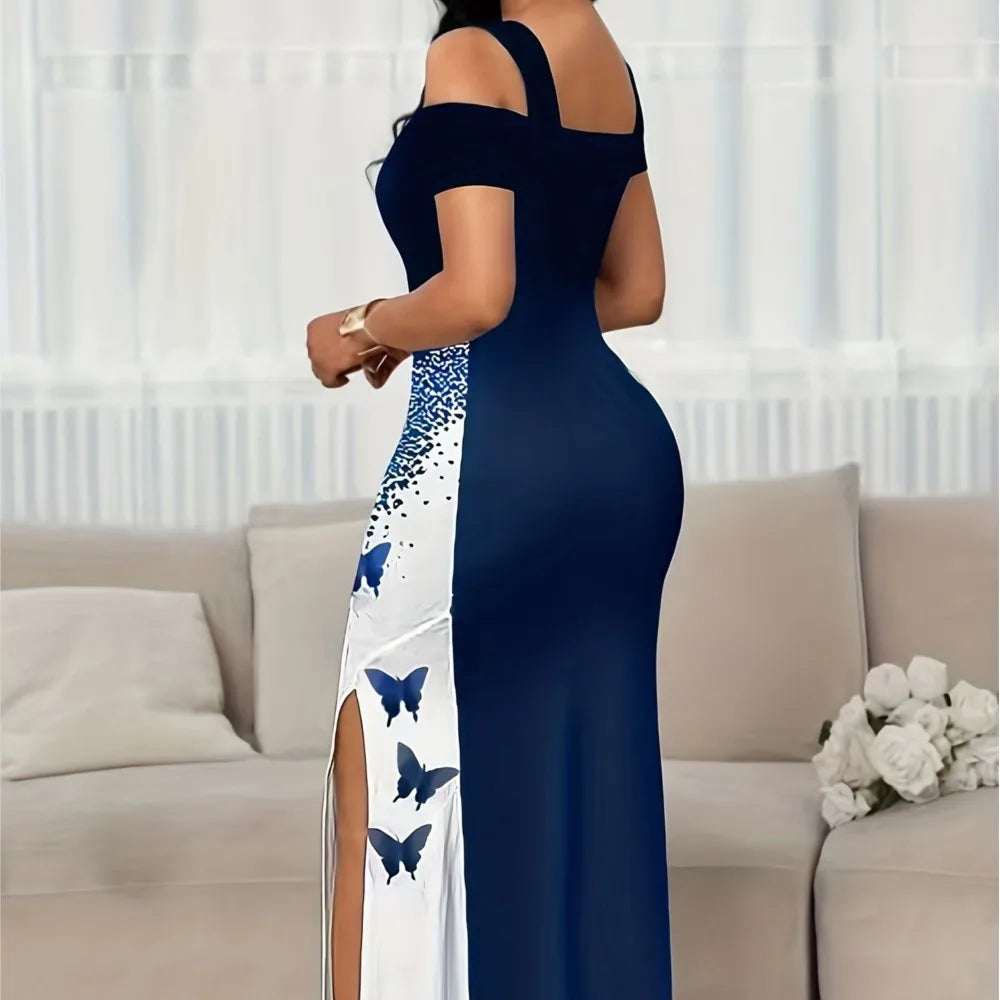 Summer Long Dress Elegant Fashionable Slim-fitting Printed Commuting Style V-neck Off-shoulder Slit Mid-waist Sleeveless Dresses Bazaare Mart