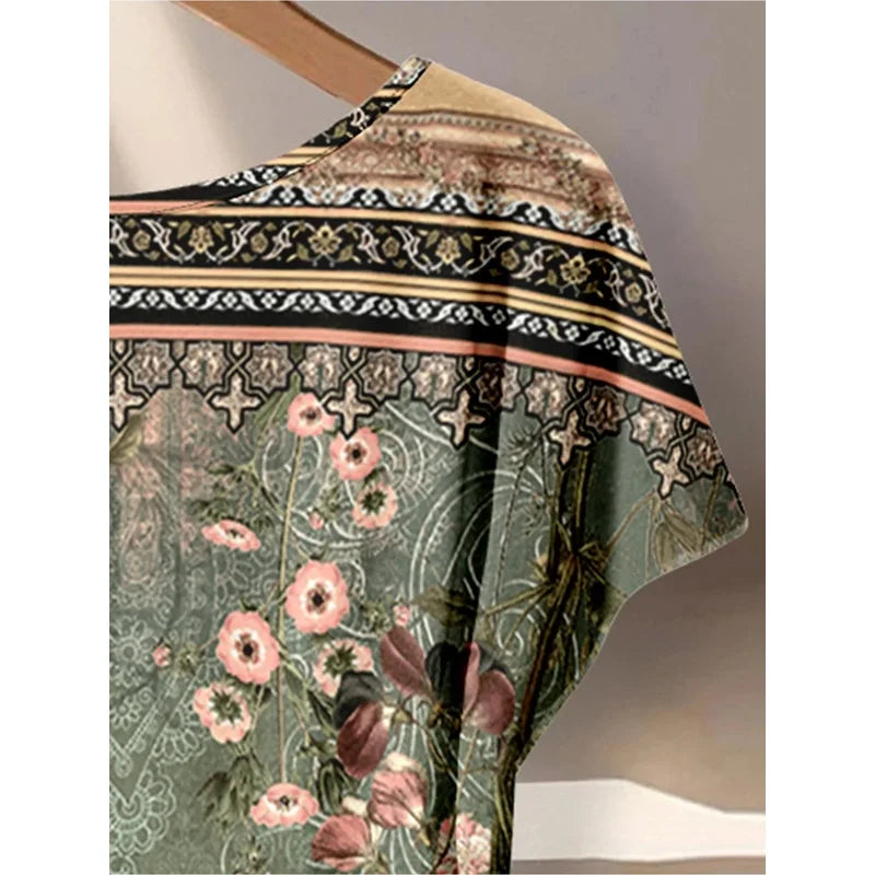 Dark Green Floral Print Twisted Top & Solid Wide Leg Pants Set