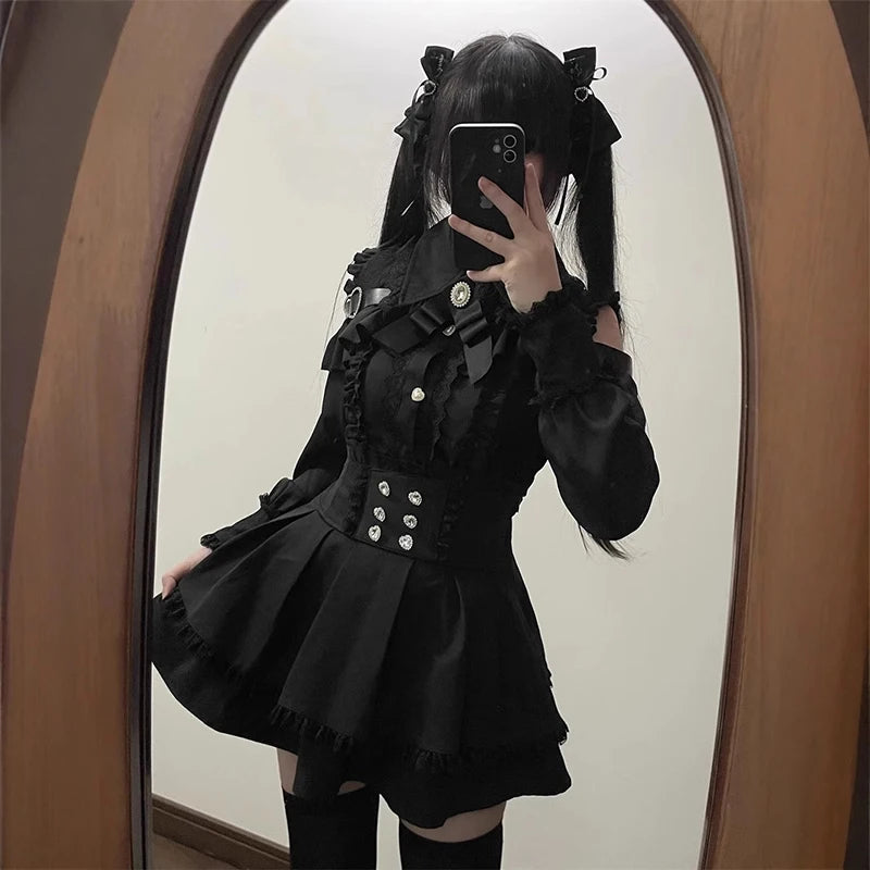 Jirai kei Shirt JK Skirt Japanese Style Lolita Y2K Sweet School Uniform Blouse Top Dress Darkness Outfit Women Girls Theme Party Bazaare Mart