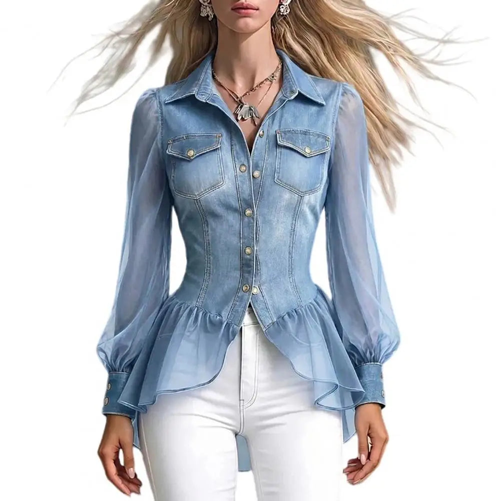 Women's Denim-Look Mesh Sleeve Peplum Blouse