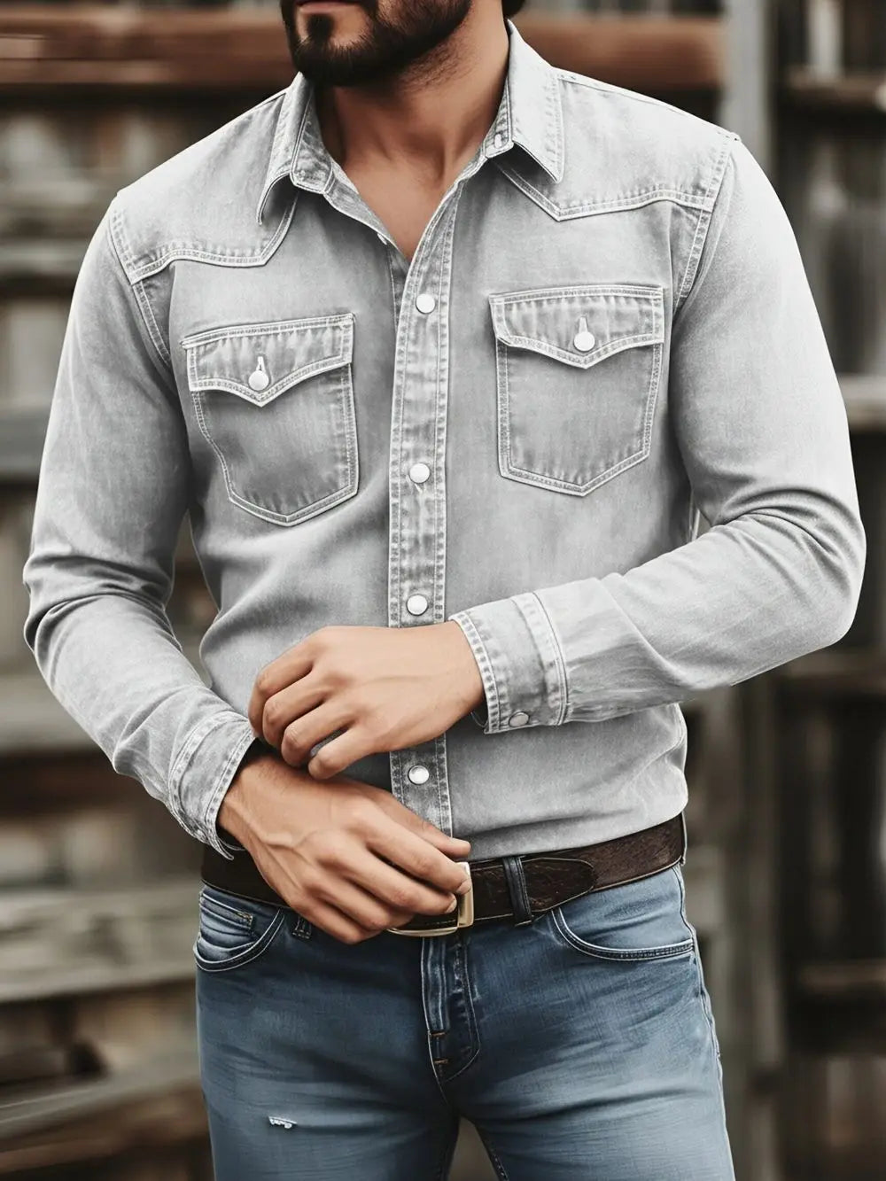 Men's Vintage Washed Denim Button Up Shirt