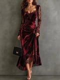 Burgundy Velvet Lace-Trim Fishtail Midi Dress