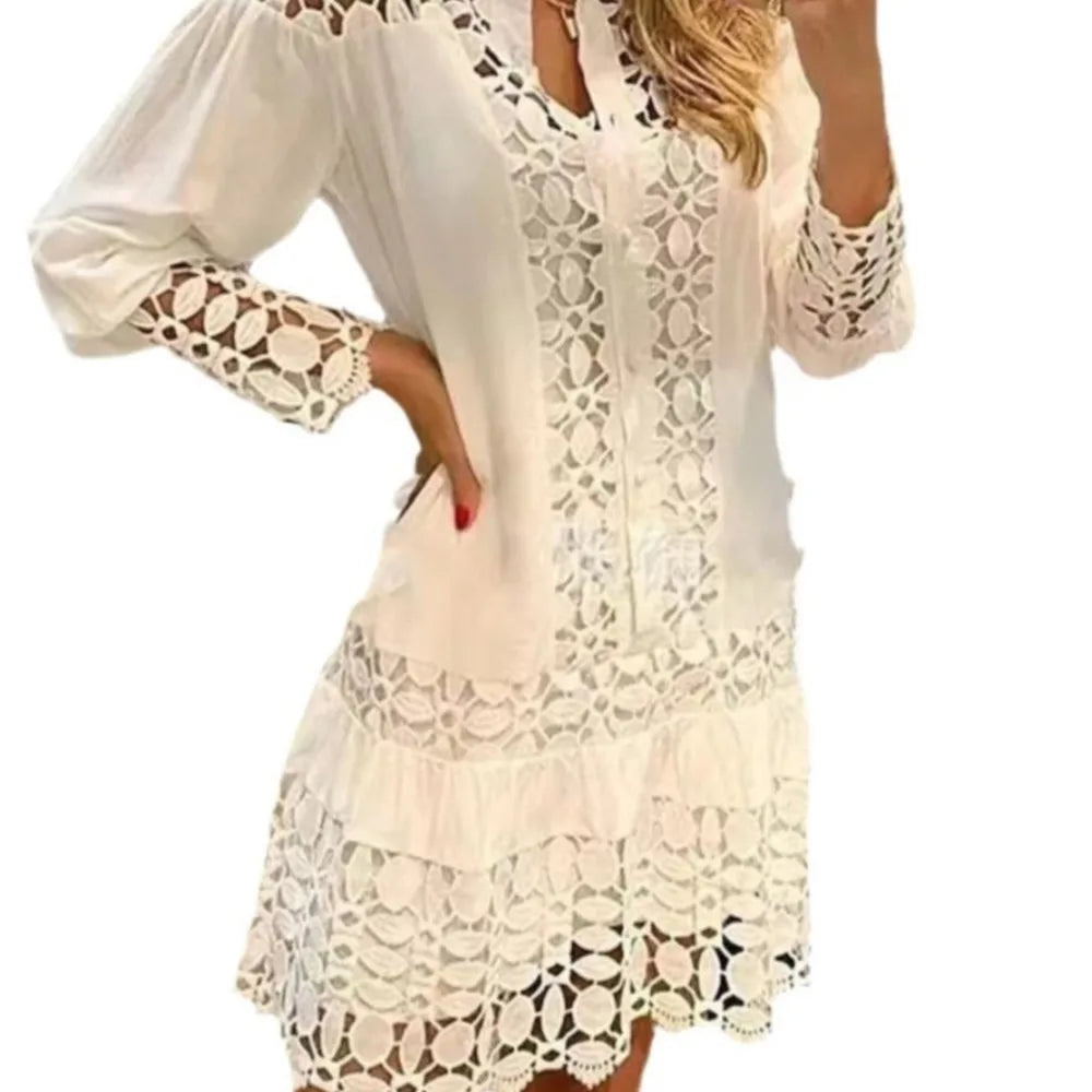 Spring Summer Lace Hollowed Out Patchwork Shirt Women's Dress Sexy Elegant Female 2 Piece Suit With Inner Strap Anti Slip Dress Bazaare Mart