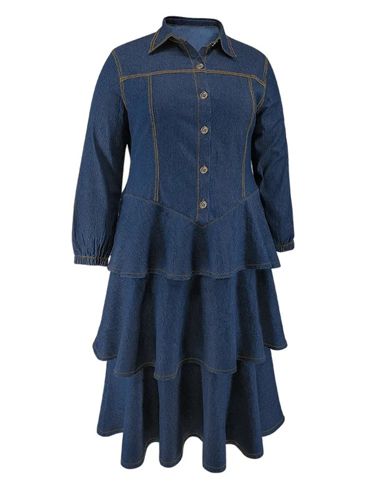Blue Denim Tiered Ruffle Midi Dress