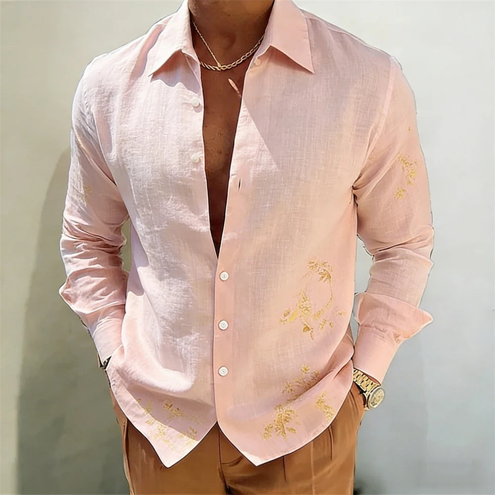 Men's Gold Baroque Print Button-Up Shirt – Long Sleeve Statement Shirt