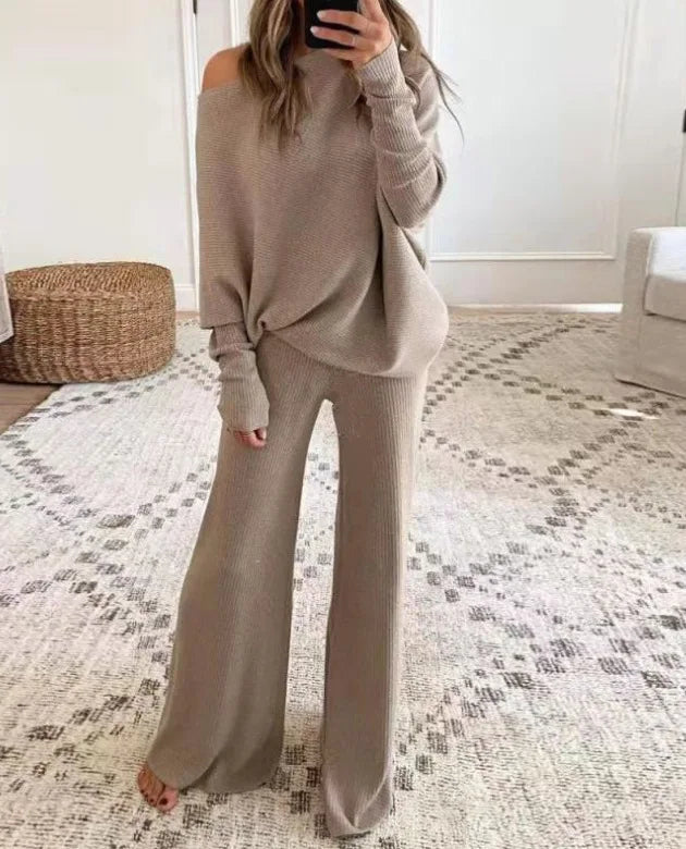 Long-Sleeve Bateau Collar Top + Wide-leg Pants Set