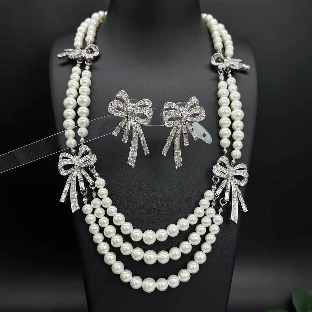 Vintage Bow Earrings and Pearl Necklace Bazaare Mart Vintage Bow Earrings and Pearl Necklace