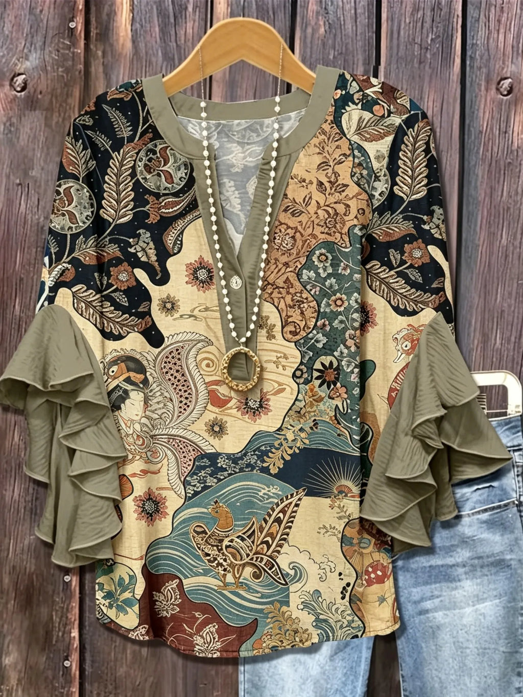 Women's Boho Patchwork Paisley Ruffle Sleeve Blouse | Elegant V-Neck Top HCHLF20261317J Bazaare Mart Ruffle Sleeve Blouse
