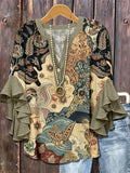 Women's Boho Patchwork Paisley Ruffle Sleeve Blouse | Elegant V-Neck Top HCHLF20261317J Bazaare Mart Ruffle Sleeve Blouse