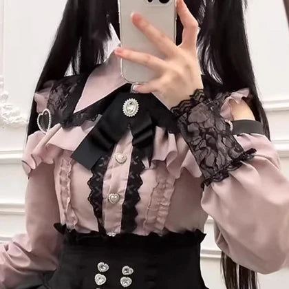 Jirai kei Shirt JK Skirt Japanese Style Lolita Y2K Sweet School Uniform Blouse Top Dress Darkness Outfit Women Girls Theme Party Pink Shirt Only Bazaare Mart