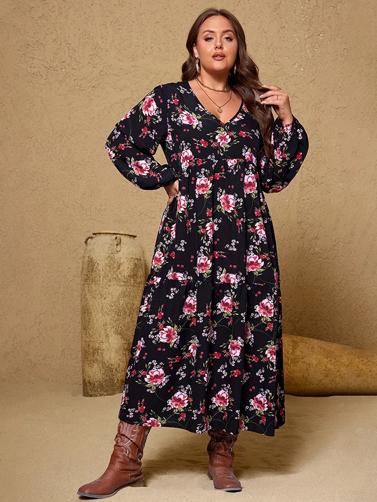 Elegant Black Floral V-Neck Long Sleeve Midi Dress Bazaare Mart Elegant Black Floral V-Neck Long Sleeve Midi Dress