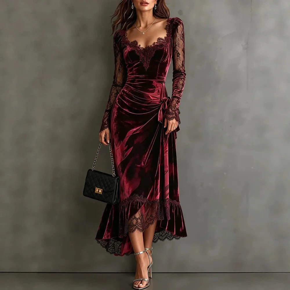 Burgundy Velvet Lace-Trim Fishtail Midi Dress