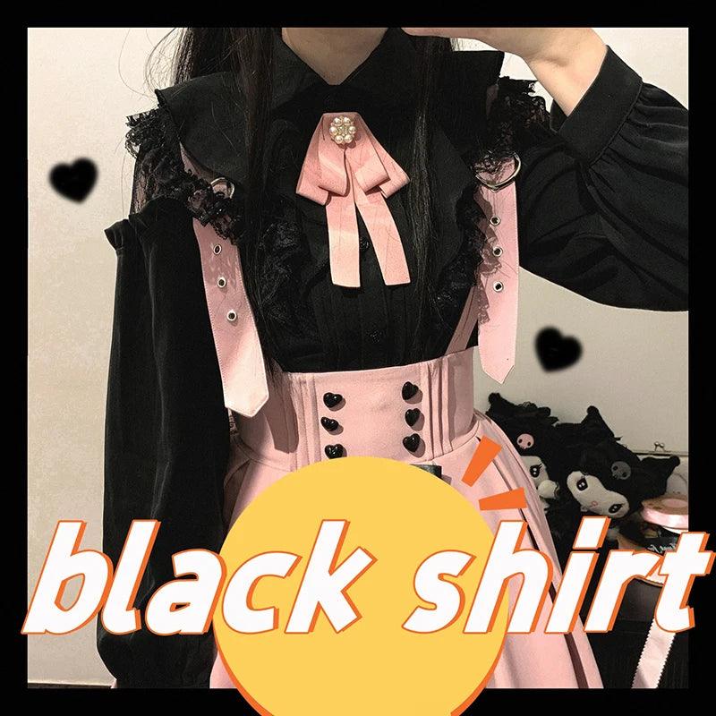 Women's Kawaii Lolita Blouse – Japanese-Inspired Peter Pan Collar Shirt with Lace & Bow Details black shirt Bazaare Mart Blouse