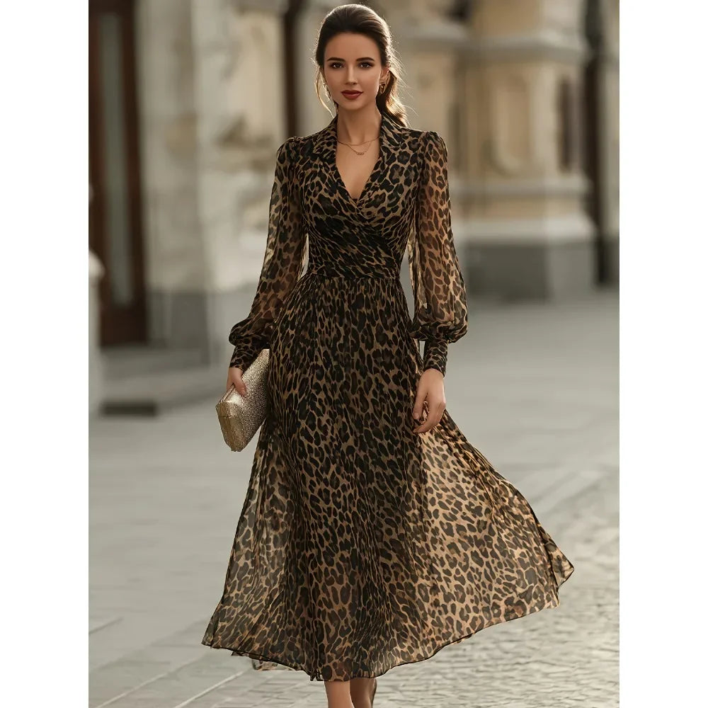 Sheer Leopard Print Elegant Flowy Long Sleeve V-Neck Dress