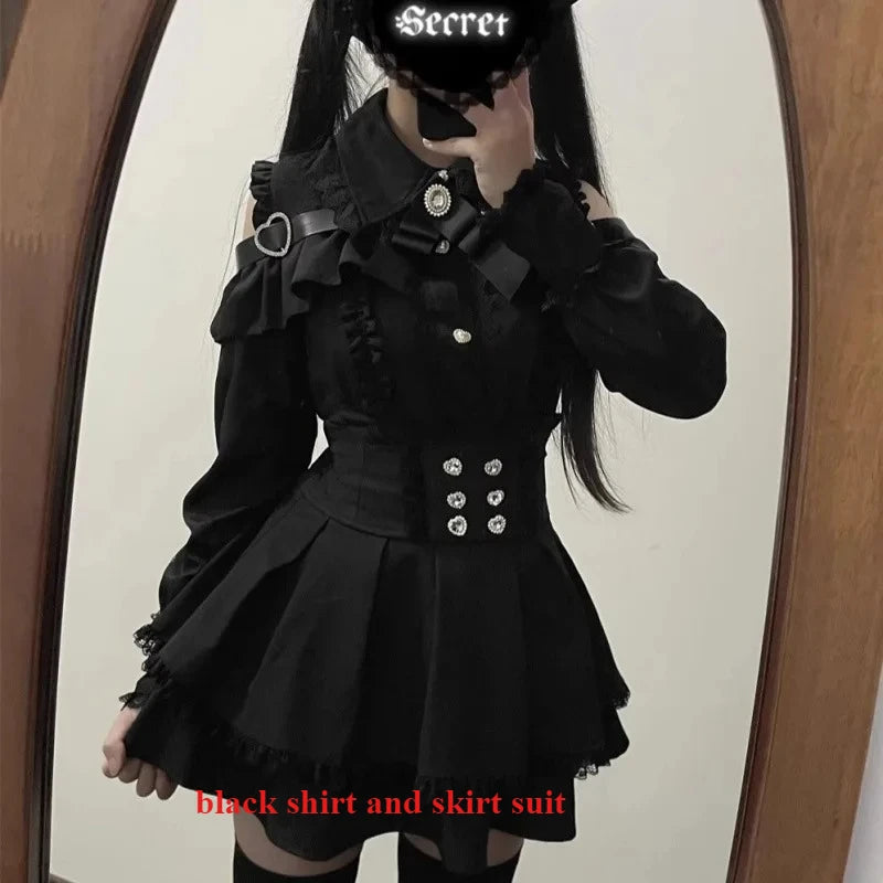 Dark Sweet Heart Ground Type Lolita Set, Ruffle Sleeve Top & A-line Skirt, Cute Kawaii Japanese Style Gothic Coord Outfit S-XL blackShirt and skirt Bazaare Mart