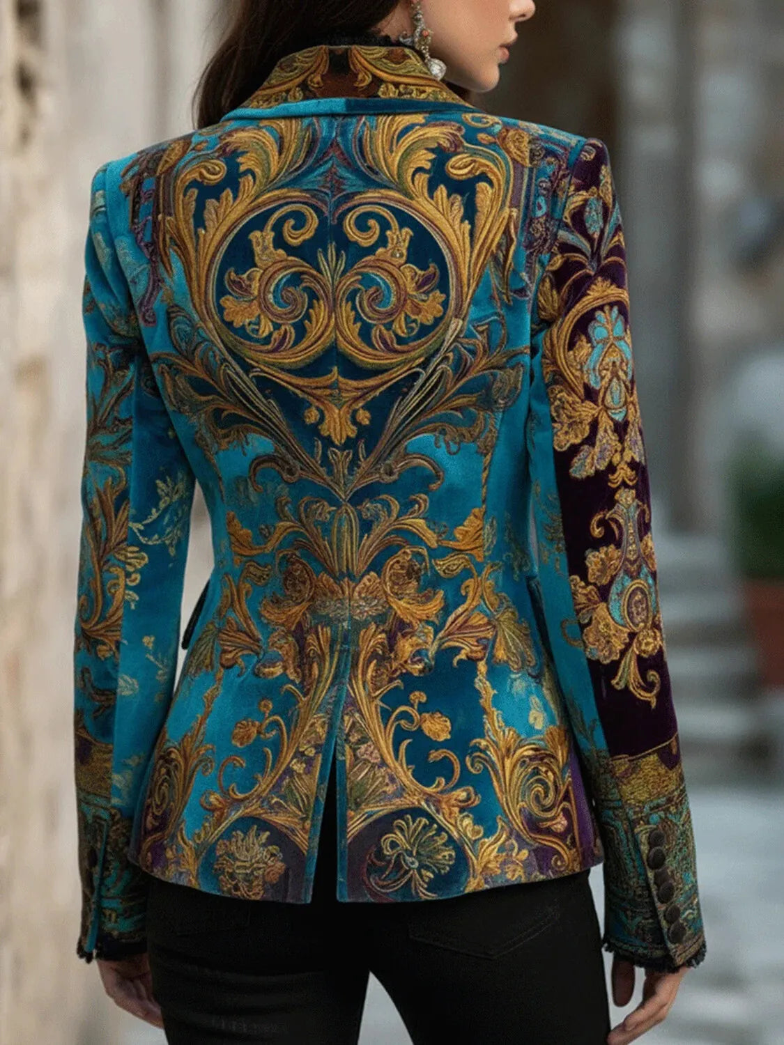 Vintage Peacock Blue & Gold Gilded Baroque Velvet Blazer