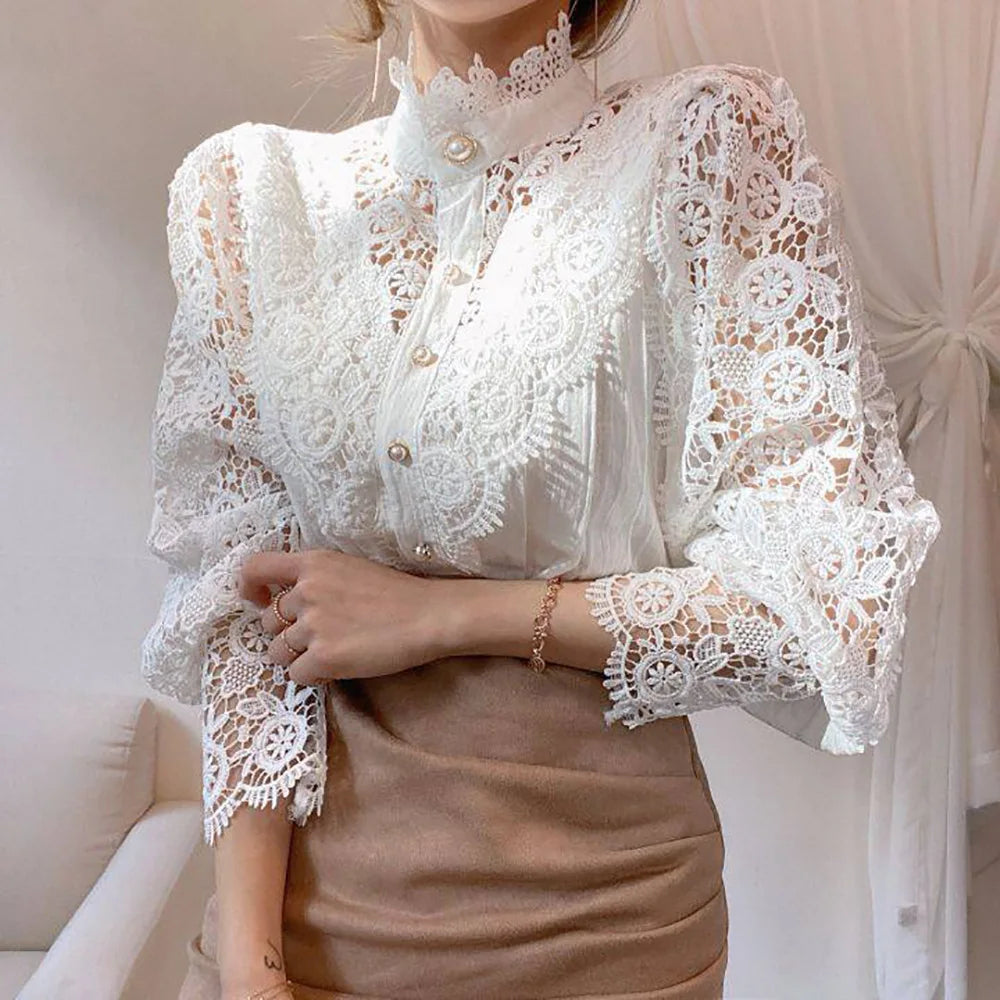Vintage Lace Long Sleeve Pearl Button Blouse