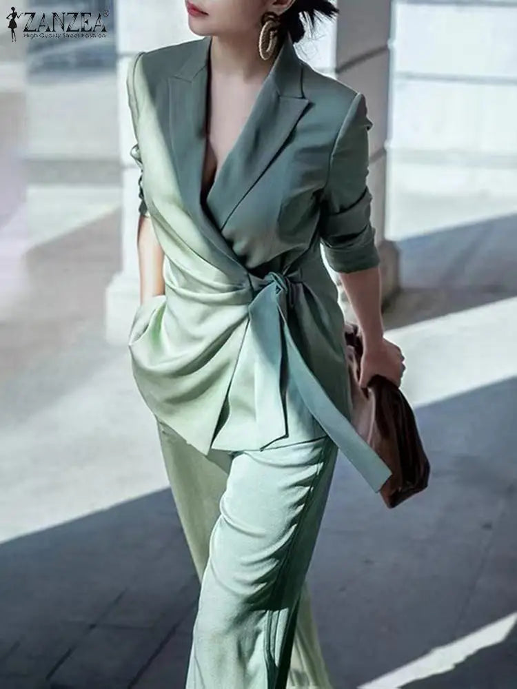 Long Sleeve Wrap Around Pants Suit