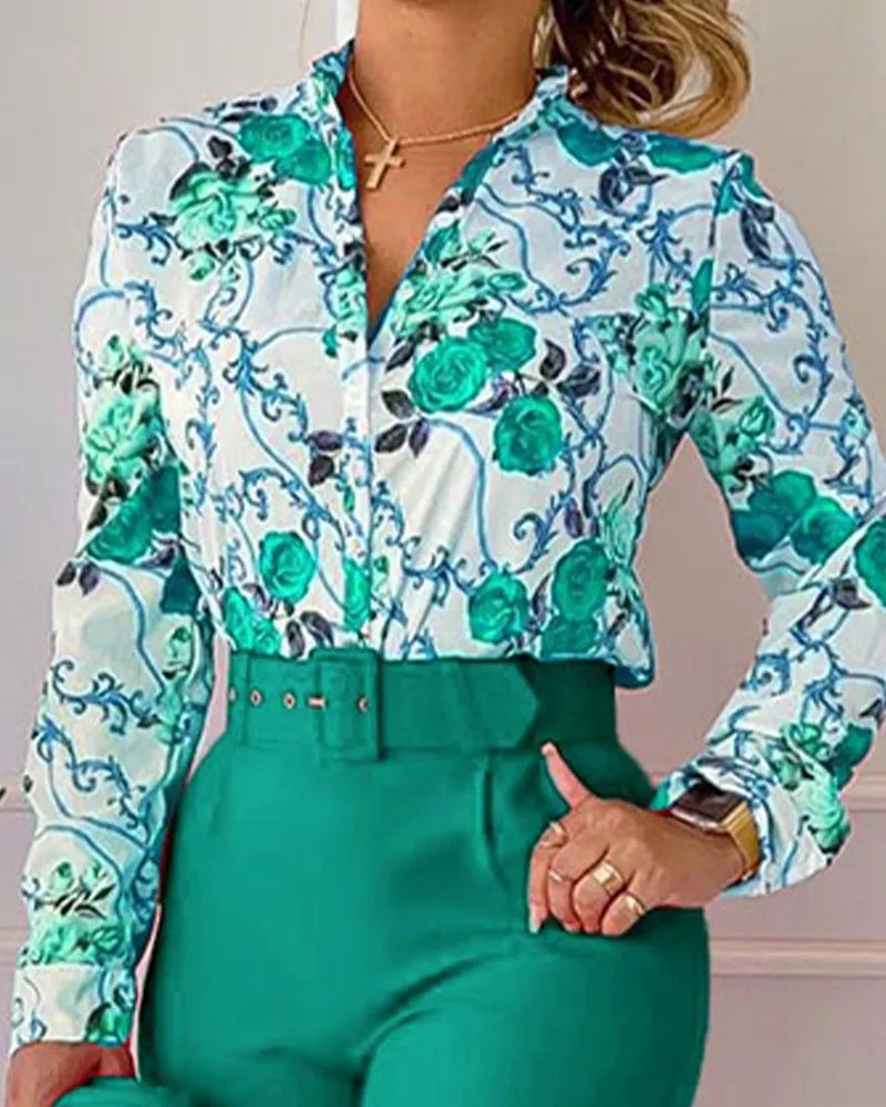 Print Long Sleeve Shirt Matching Pants Sets With Belt