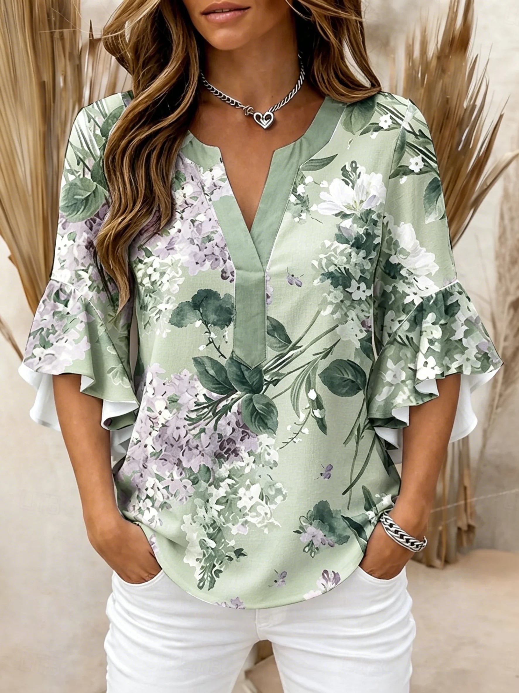 Women's Ruffle Sleeve Daisy Print V Neck Casual Blouse Elegant Daily Tops in Yellow for Spring Summer HCHLE20260719K Bazaare Mart