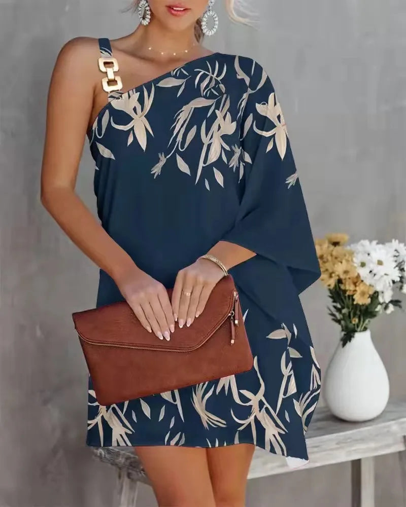 Women's One-Shoulder Floral Mini Dress | Elegant Asymmetrical Summer Dress Bazaare Mart Asymmetric Shoulder Mini Dress