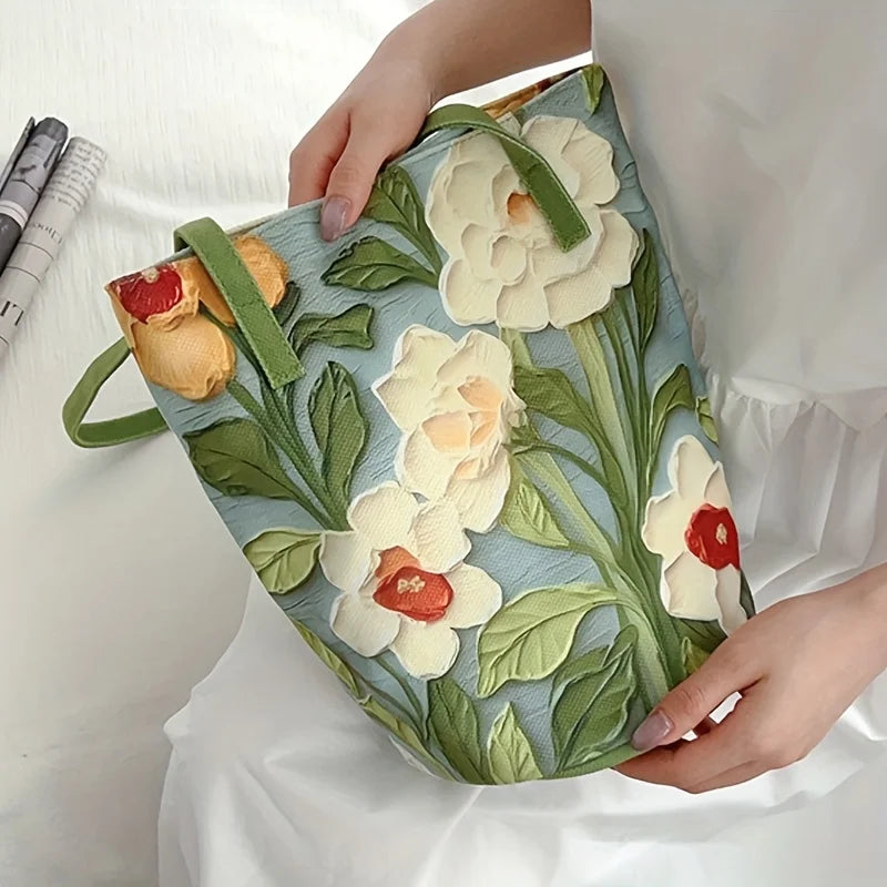 Women's Large Capacity Summer Floral Oxford Bucket Bag Casual Fashionable Shoulder Bag with Oil Painting Flower Design Handbag Bazaare Mart