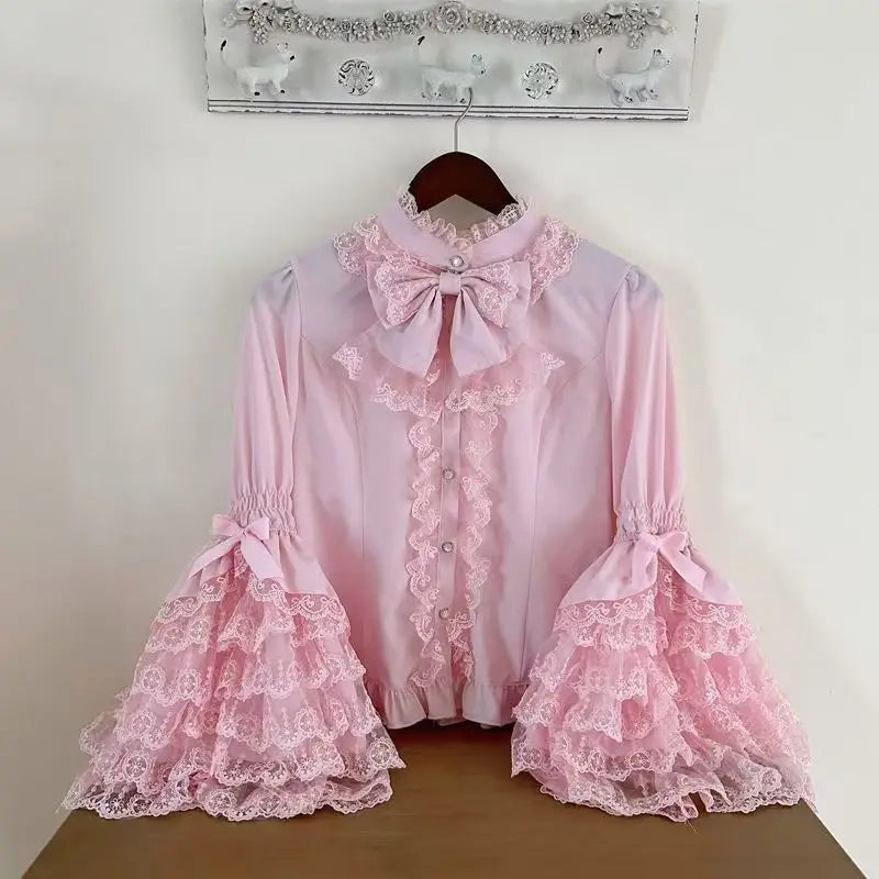 Dark Sweet Heart Ground Type Lolita Set, Ruffle Sleeve Top & A-line Skirt, Cute Kawaii Japanese Style Gothic Coord Outfit S-XL pink shirt 21 Bazaare Mart