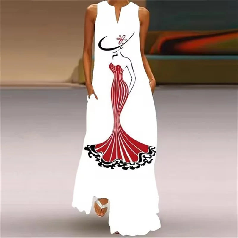 Summer Outdoor Street Fashion Women's Long Dress New Abstract Art Print Dress Sleeveless Vest V-Neck Fashion Women's Party Dress WXDress-157 Bazaare Mart