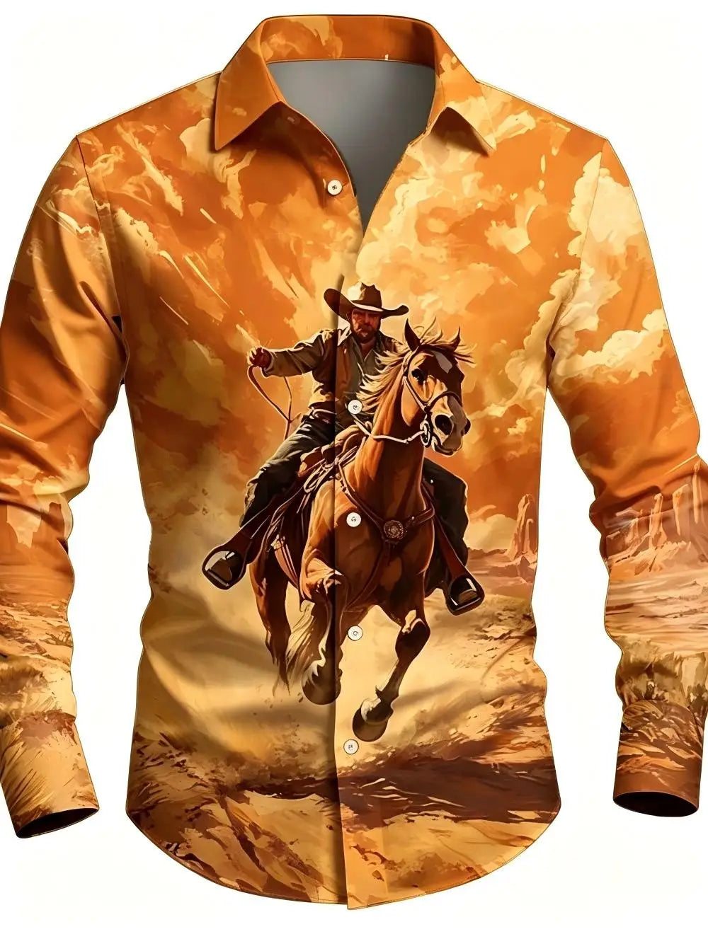 Men's Western Cowboy Riding Shirt – 3D Printed Long Sleeve Button-Up