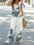 Simple Sleeveless Printed Vest Long Pants Set Women Summer Fashion Round Neck Casual T-Shirt Top Loose Pants Suit Clothes White Bazaare Mart