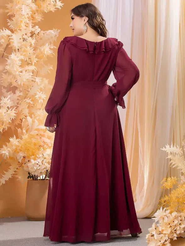 Ruffled V-neck Long Balloon Sleeve Chiffon Evening Dress Bazaare Mart Long Sleeve Maxi Dress