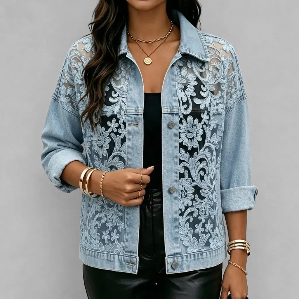 Women's See-Through Lace Patchwork Denim Jacket Casual Loose Button Up Jean Coat Trendy Long Sleeve Streetwear Outerwear Coat Blue Bazaare Mart