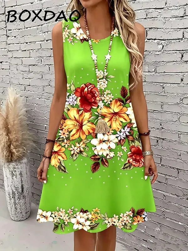 Large Size 3XL Women Tank dress Summer Loose Casual Sleeveless Floral Print Vest Dress Bazaare Mart