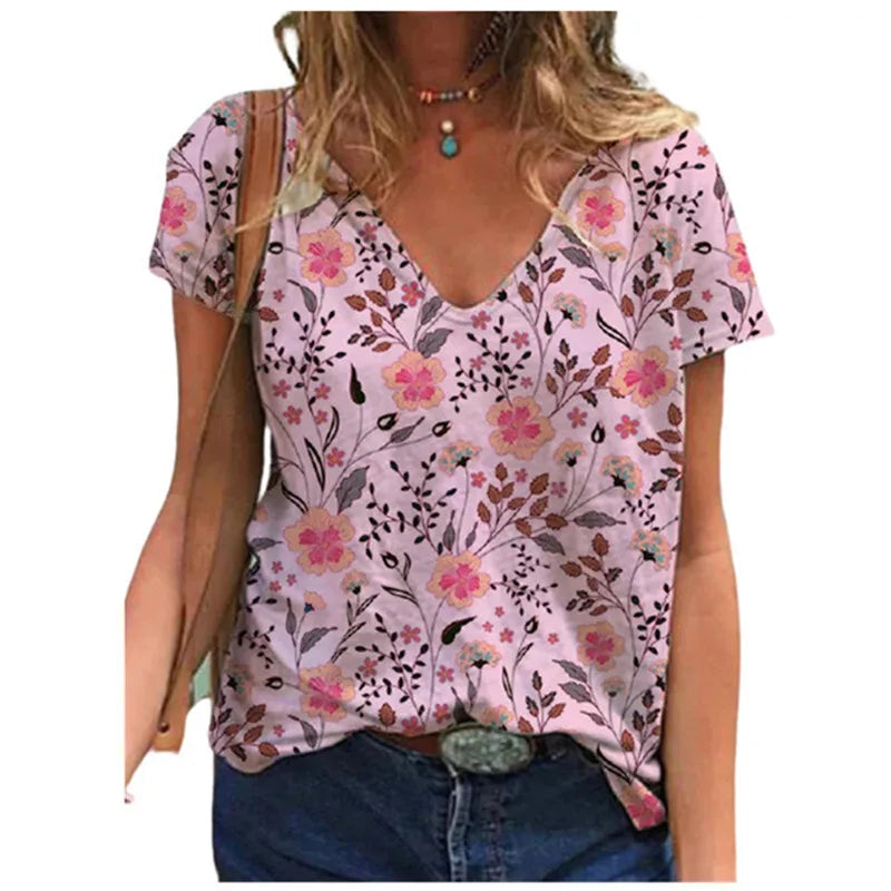 Women's Floral 3D Print V-Neck T-Shirt