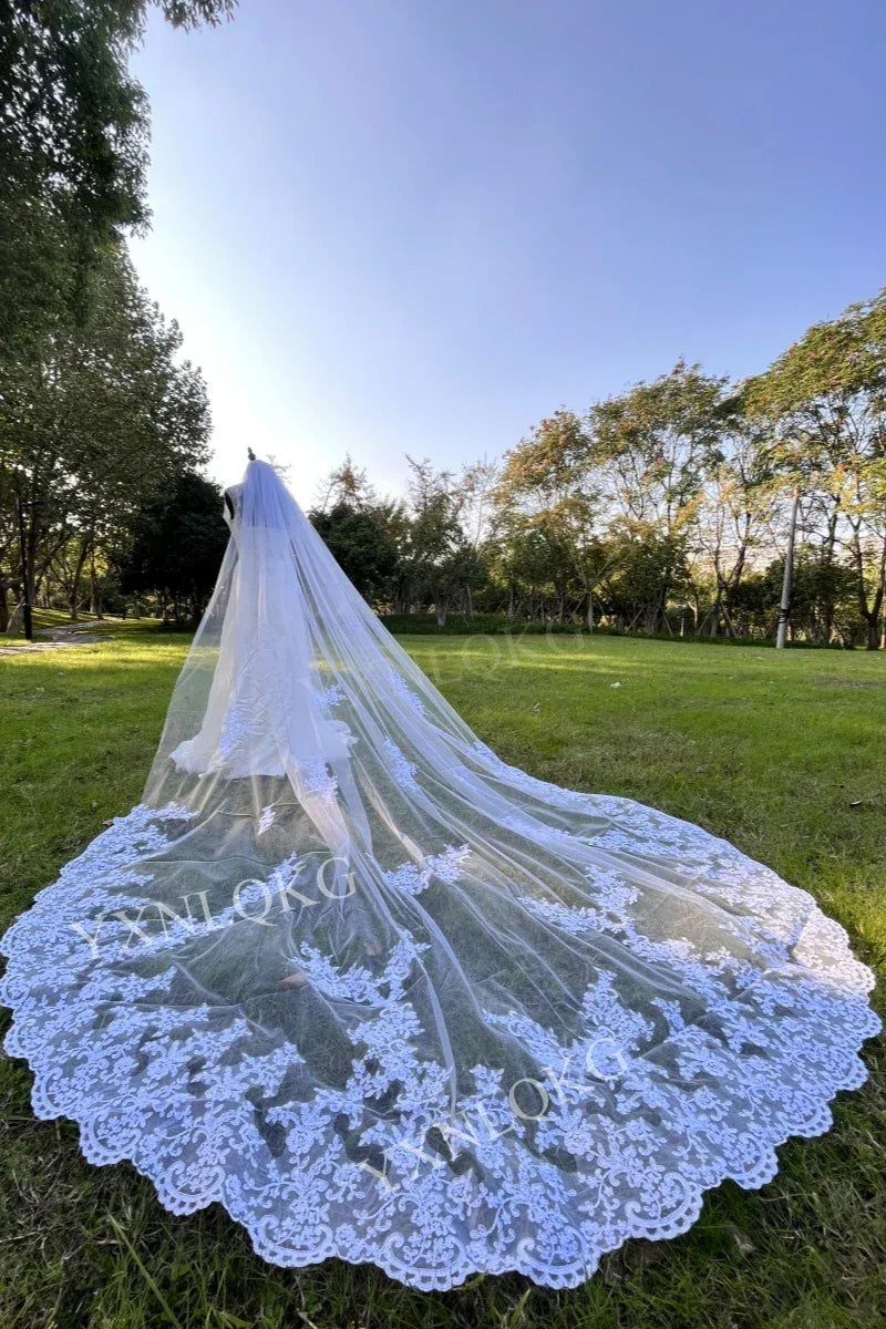 White Ivory Mesh Lace Scalloped Edge Bridal Veil Bazaare Mart Floral Applique Bridal Veil