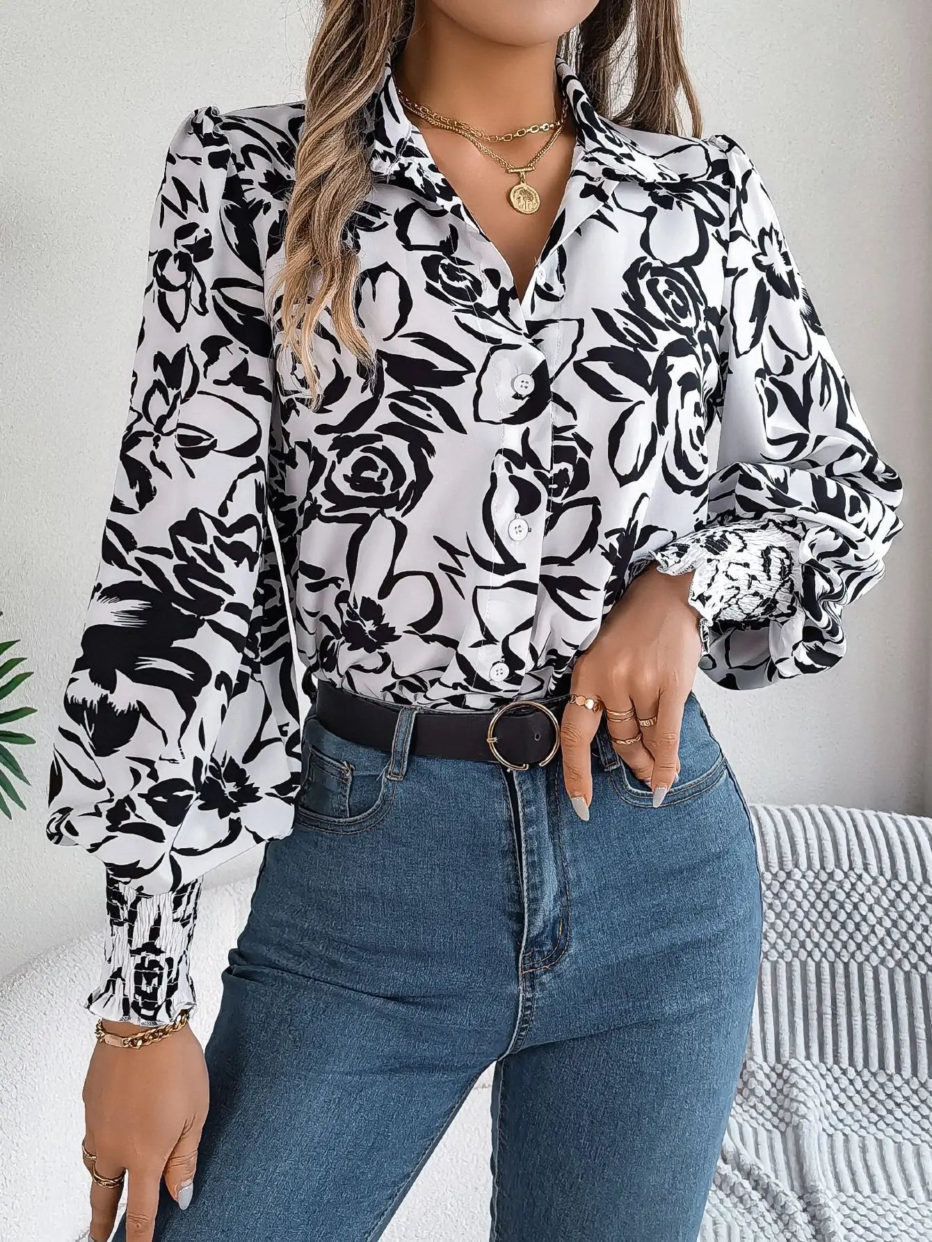 Floral Long Lantern Sleeve Flip Collar Blouse