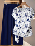 Plus Size Navy Blue Floral Tie Side Top & Wide Leg Pants 2 Piece Set | Women's Summer Casual Outfit White Bazaare Mart 2pc Pants Set