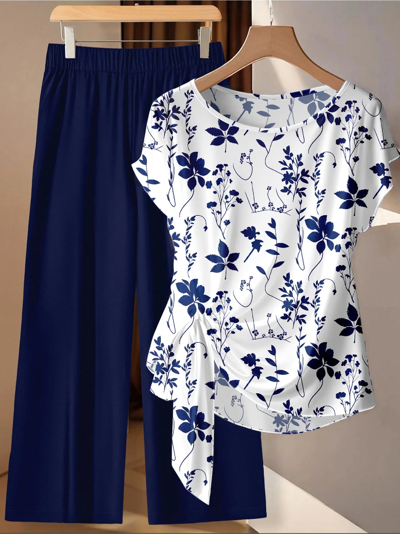 Plus Size Navy Blue Floral Tie Side Top & Wide Leg Pants 2 Piece Set | Women's Summer Casual Outfit White Bazaare Mart 2pc Pants Set