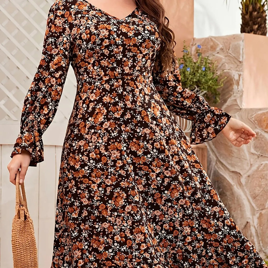 Brown Floral Long Sleeve V-Neck Midi Dress