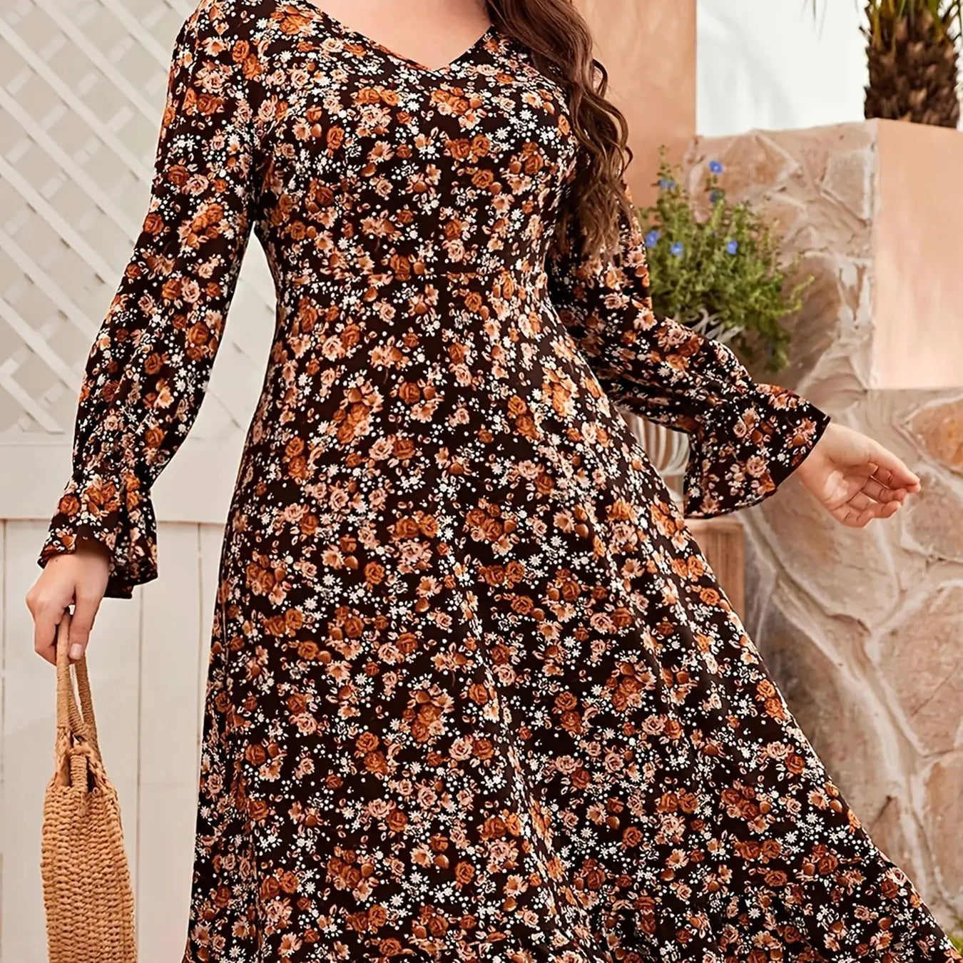 Brown Floral Long Sleeve V-Neck Midi Dress