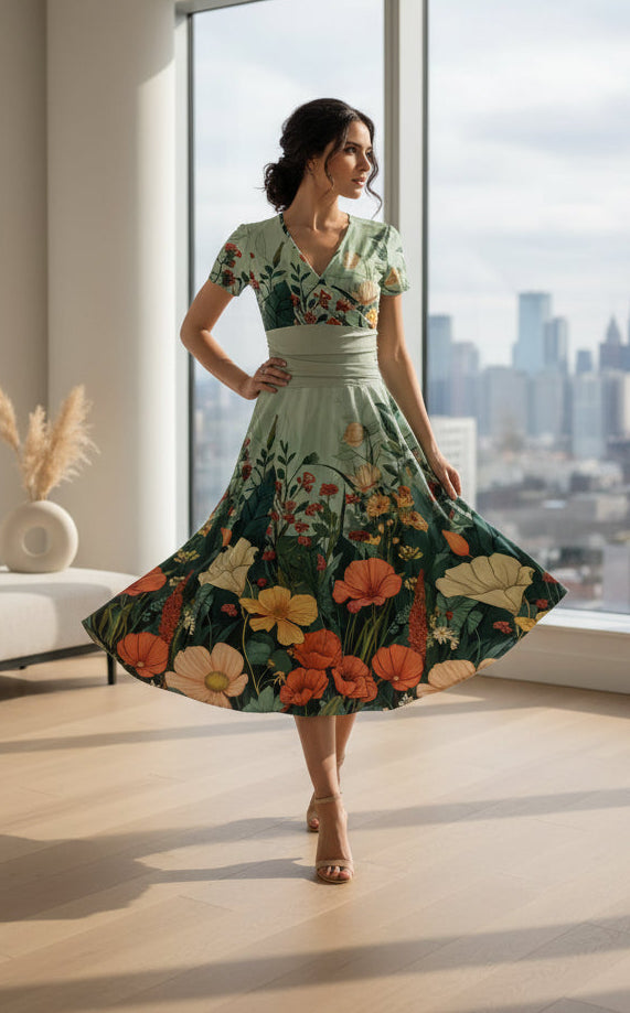 Women's Floral V-Neck Fit & Flare Dress – Short Sleeve A-Line Midi Dress, Sizes S-3X 5 Bazaare Mart Short Sleeve Printed Surplice Dresses