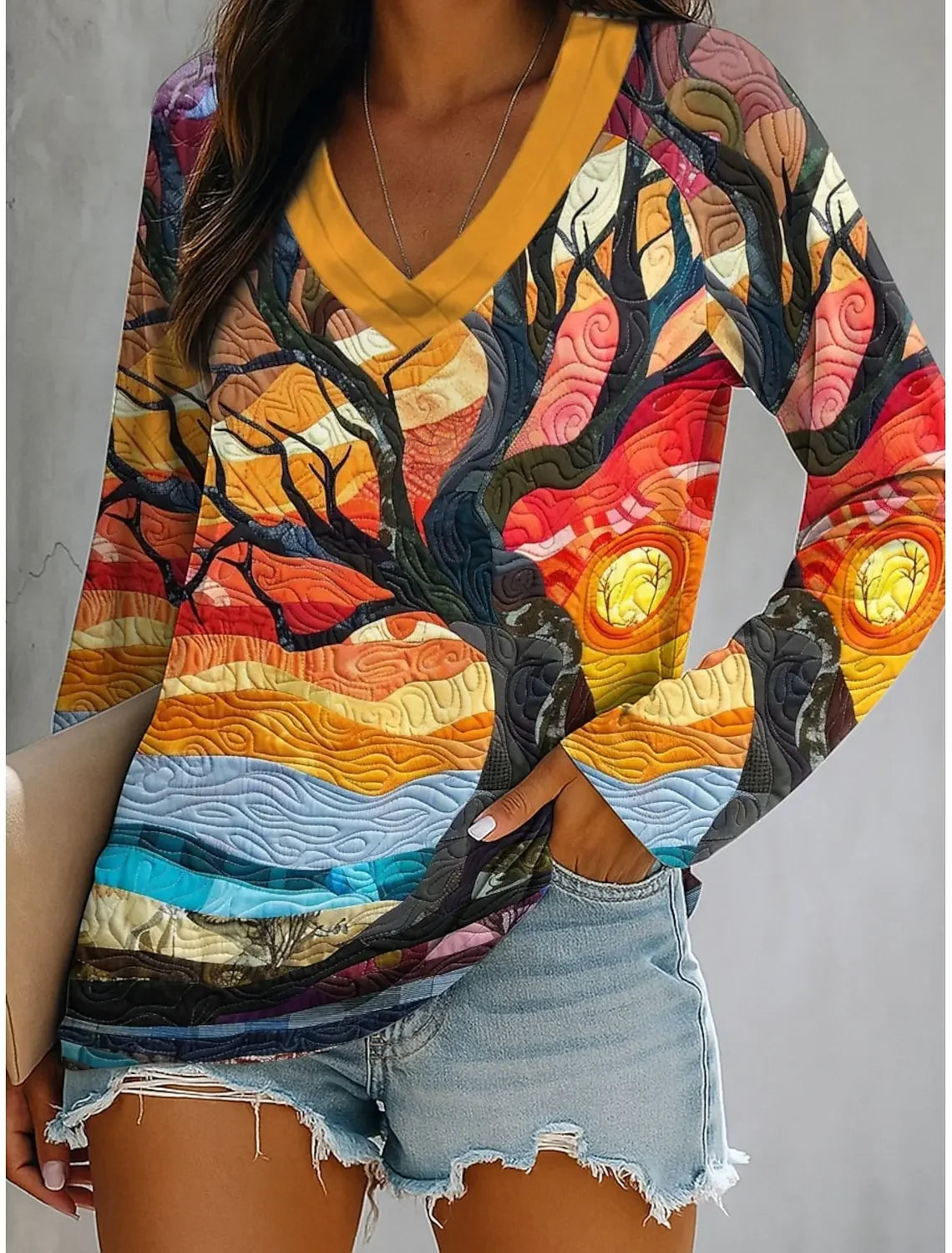 Ombre Graphic Winter Tree Long Sleeve V-Neck T-Shirts